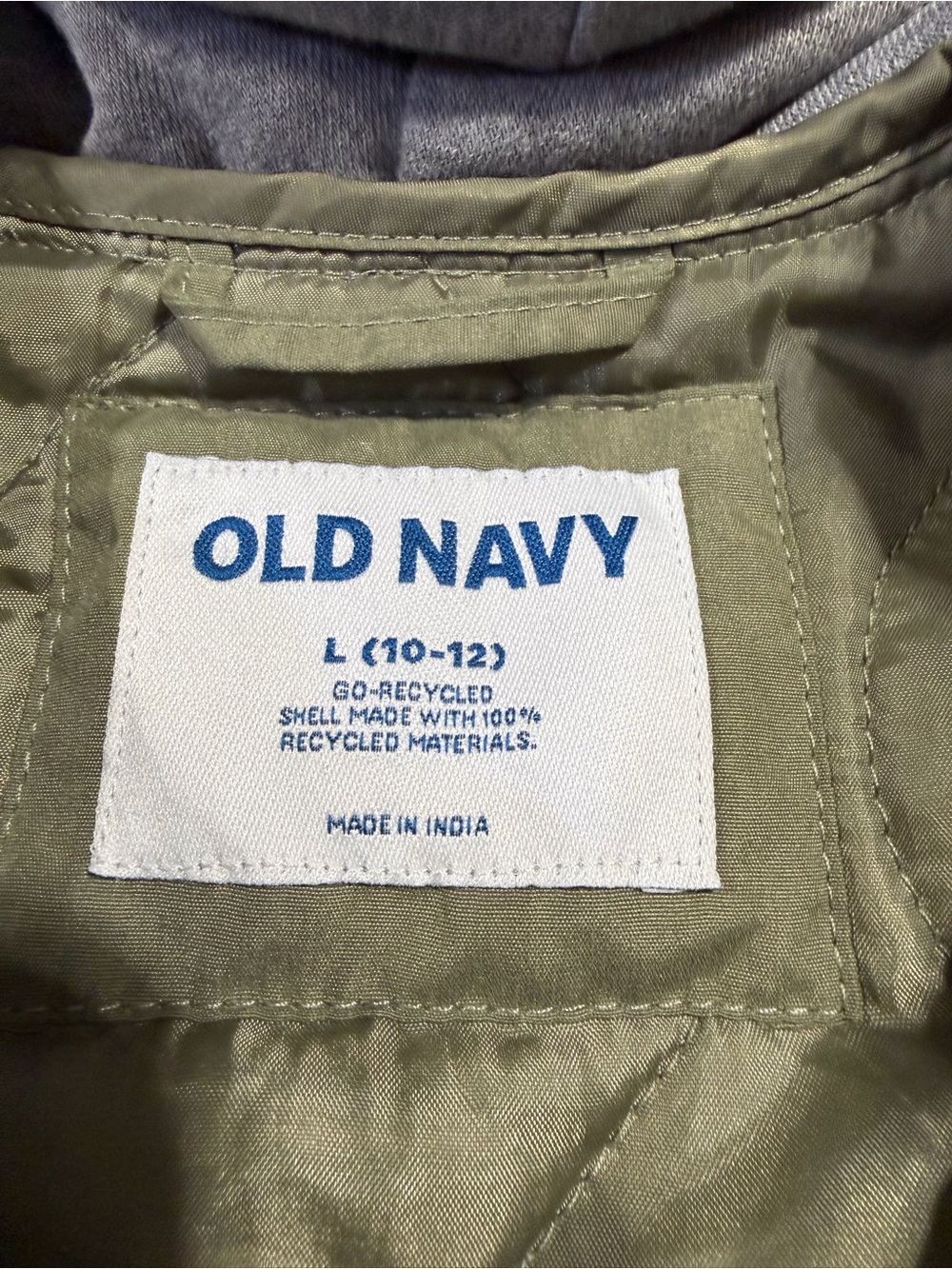 Old Navy Olive Green Quilted Jacket with Gray Hood - Picture 2 of 5